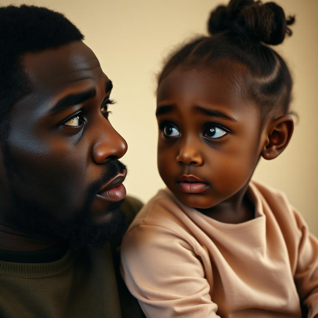 Black father holding his young daughter, both with concerned expressions