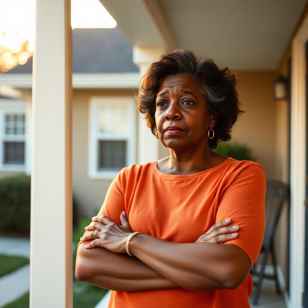 Concerned homeowner standing on her front porch