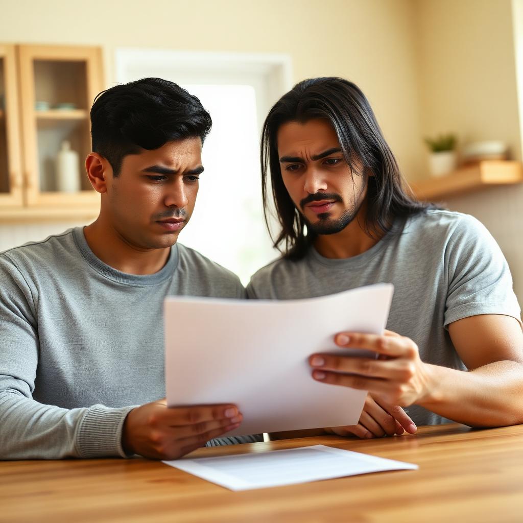 Hispanic couple reviewing a paper document at the kitchen table
