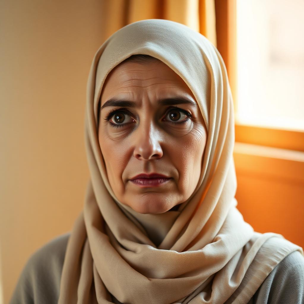 Middle Eastern woman with a thoughtful, concerned expression