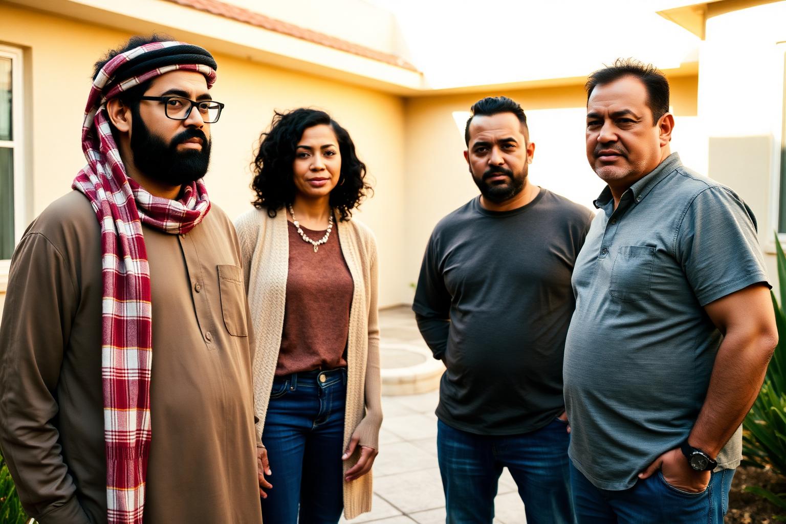 A multicultural group of neighbors — Middle Eastern, Black, Asian, and Hispanic — discussing a community concern